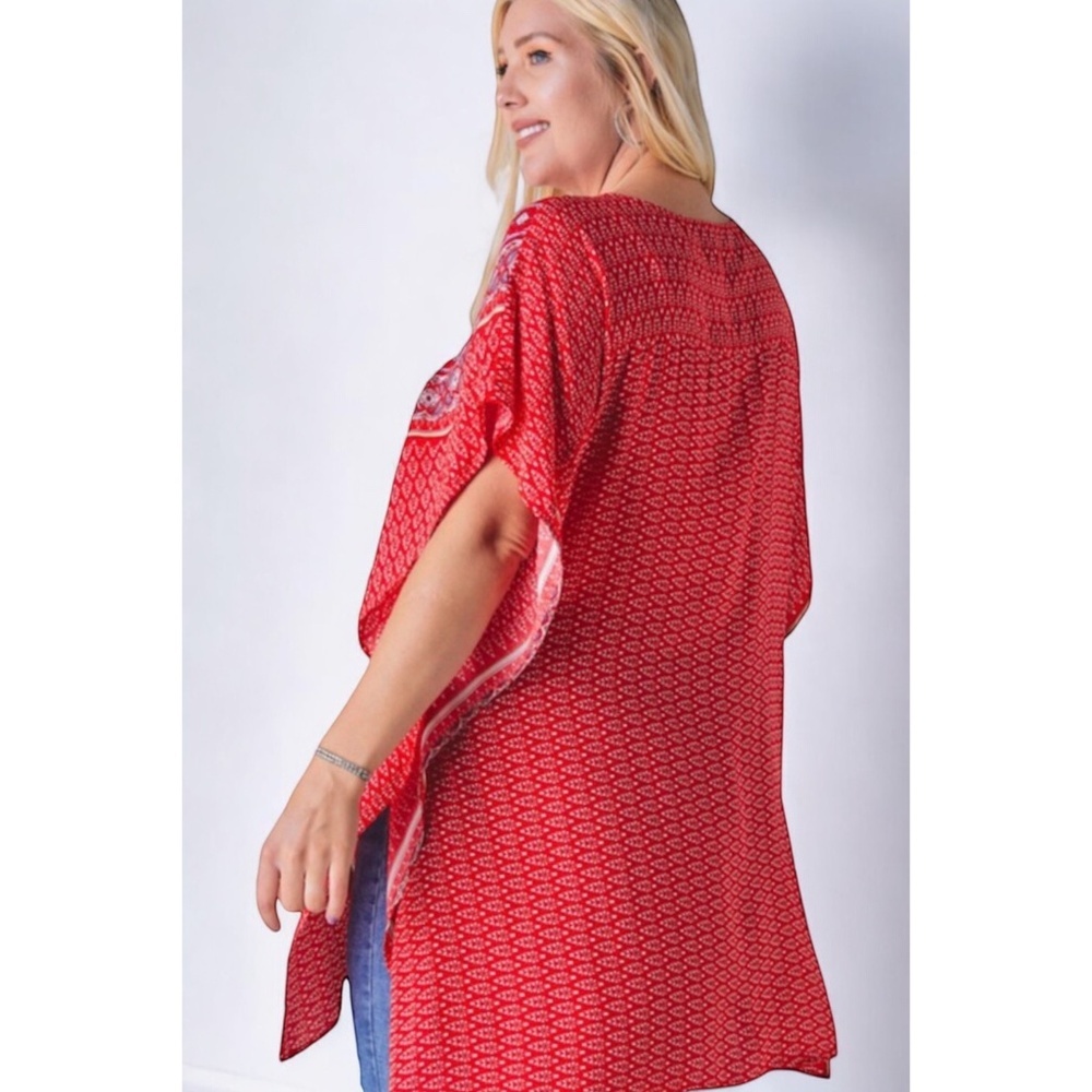 DAVI & DANI Red Boho Print V Neck Short Sleeve Tunic Top - Picture 5 of 6